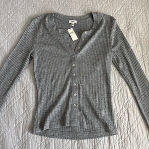 Aerie Gray Ribbed Button-Up Crop Top